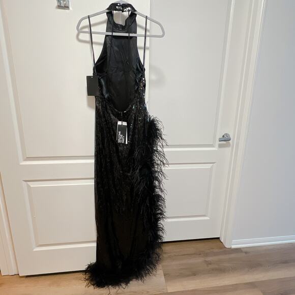 Retrofête Vixen Black Sequin Feather Halter Dress NWT - Picture 6 of 6